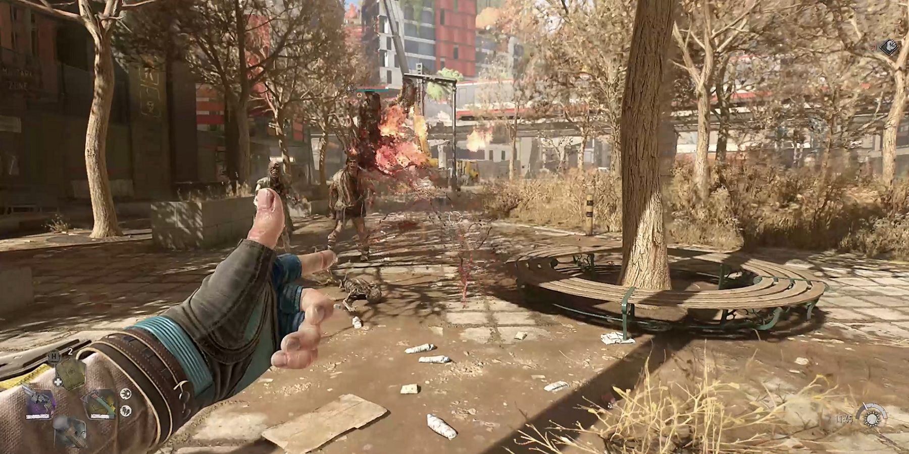 Screenshot from Dying Light 2 showing the player shoot a couple of zombies using the Finger Gun.