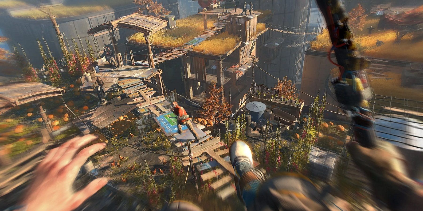 Screenshot from Dying Light 2: Stay Human showing the protagonist jumping from a great height.