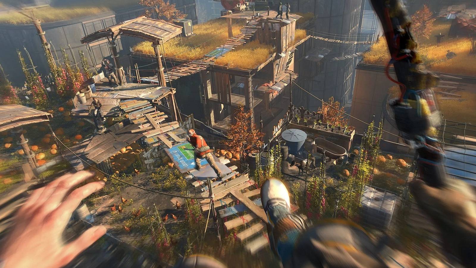 Screenshot from Dying Light 2: Stay Human showing the protagonist jumping from a great height.