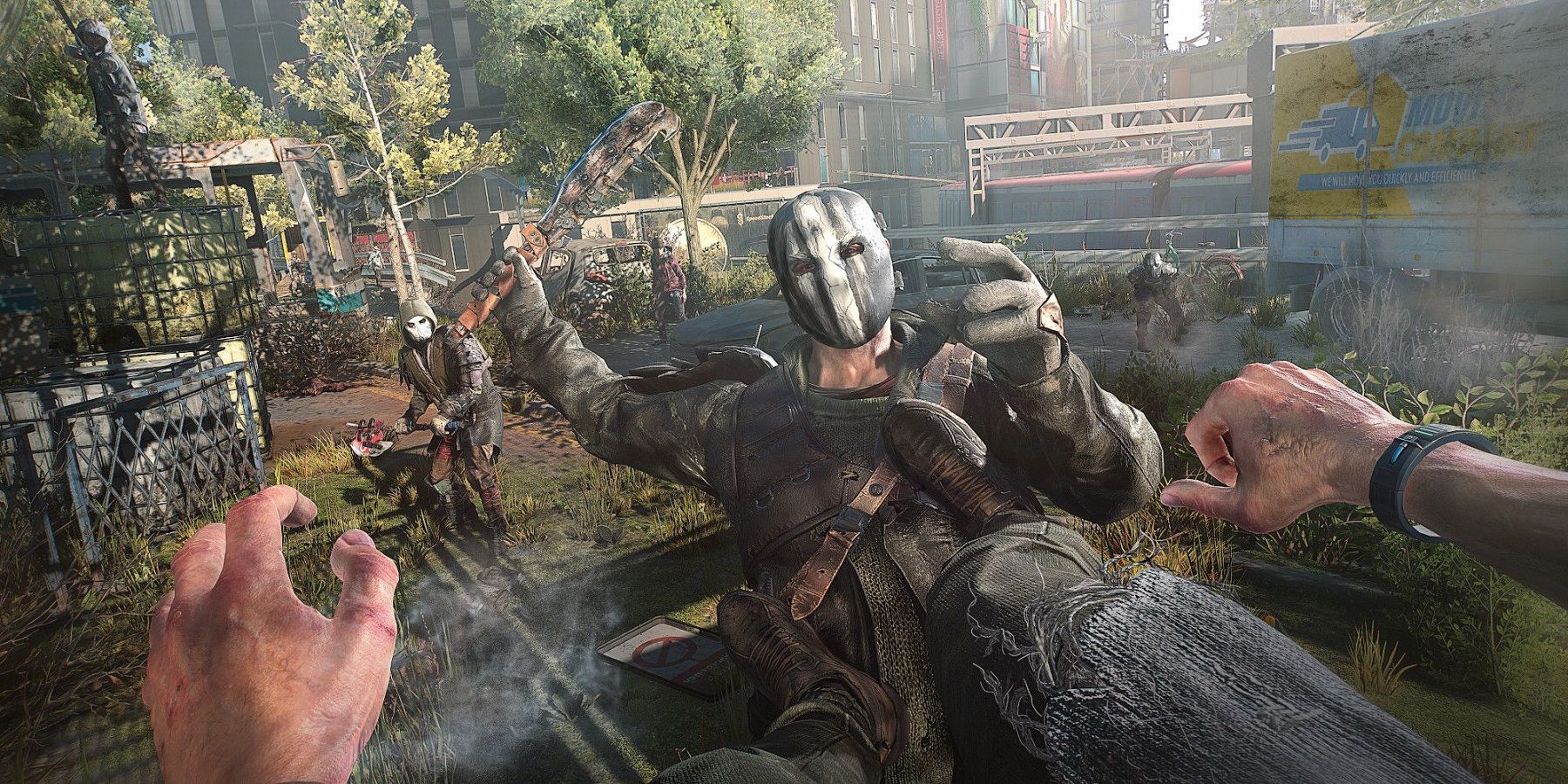 Screenshot from Dying Light 2 showing the player kicking an enemy.