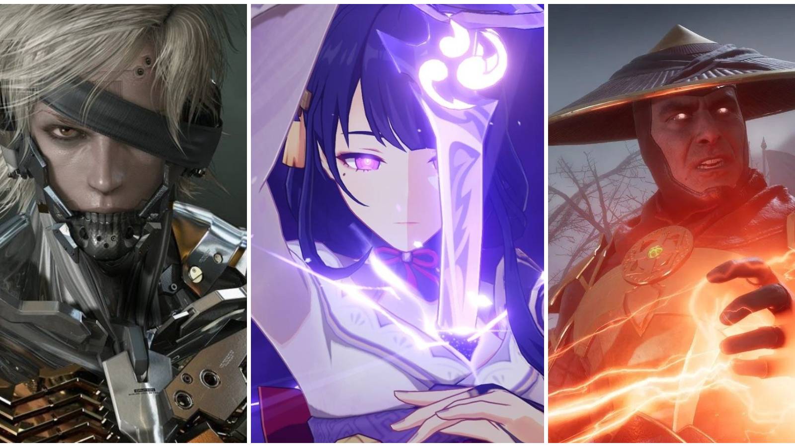 left to right: raiden from Metal Gear, Raiden Shogun in Genshin Impact, Raiden from Mortal Kombat
