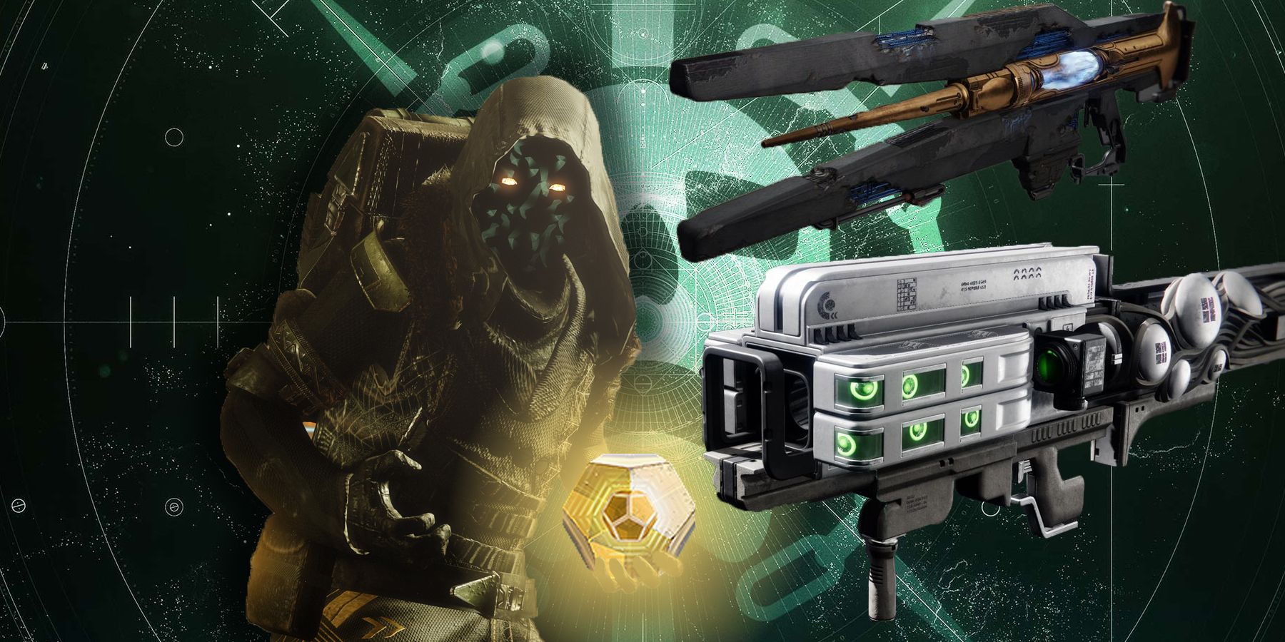 Xur holding an exotic engram from Destiny 2 with the raid weapons Divinity and Eyes of Tomorrow.