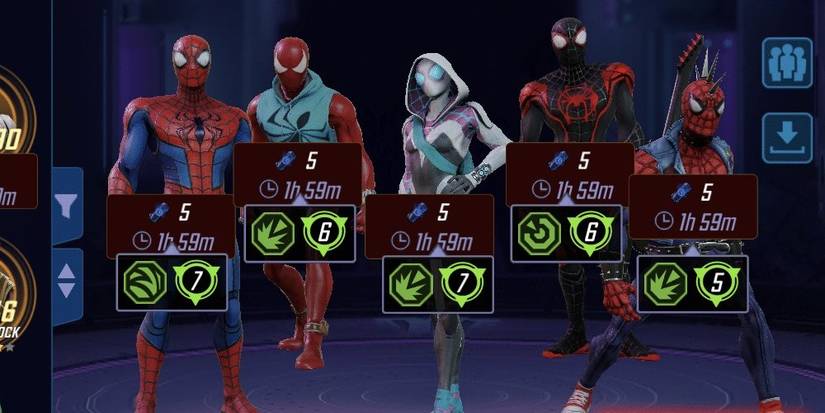 Gameplay image of the Web Warriors made up of Ghost-Spider, Scarlet-Spider, Spider-Man Miles Morales, Spider-Man, and Spider-Punk from Marvel Strike Force.