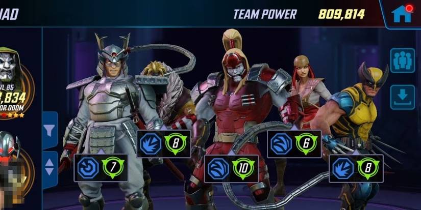 Showcase of the Weapon X team (Lady Deathstrike, Omega Red, Sabretooth, Silver Samurai, and Wolverine) from Marvel Strike Force.