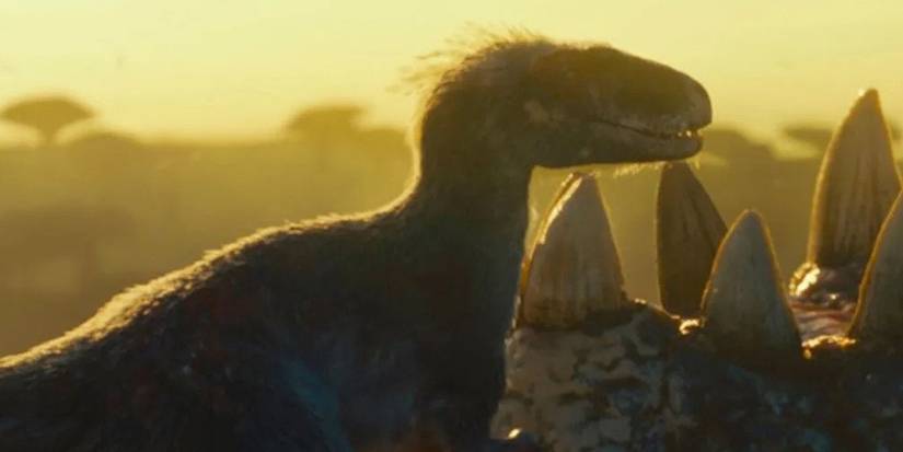 A  Moros intrepidus eating the remains of a Giganotosaurus from Jurassic World: Dominion.