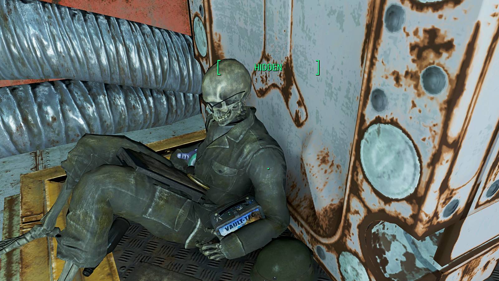 fallout 4 skeleton in vault 75 with a vault-tec lunch box and alien toy