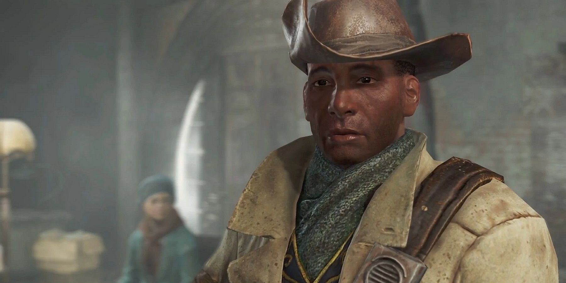 Screenshot from Fallout 4 showing a close up of Preston Garvey.