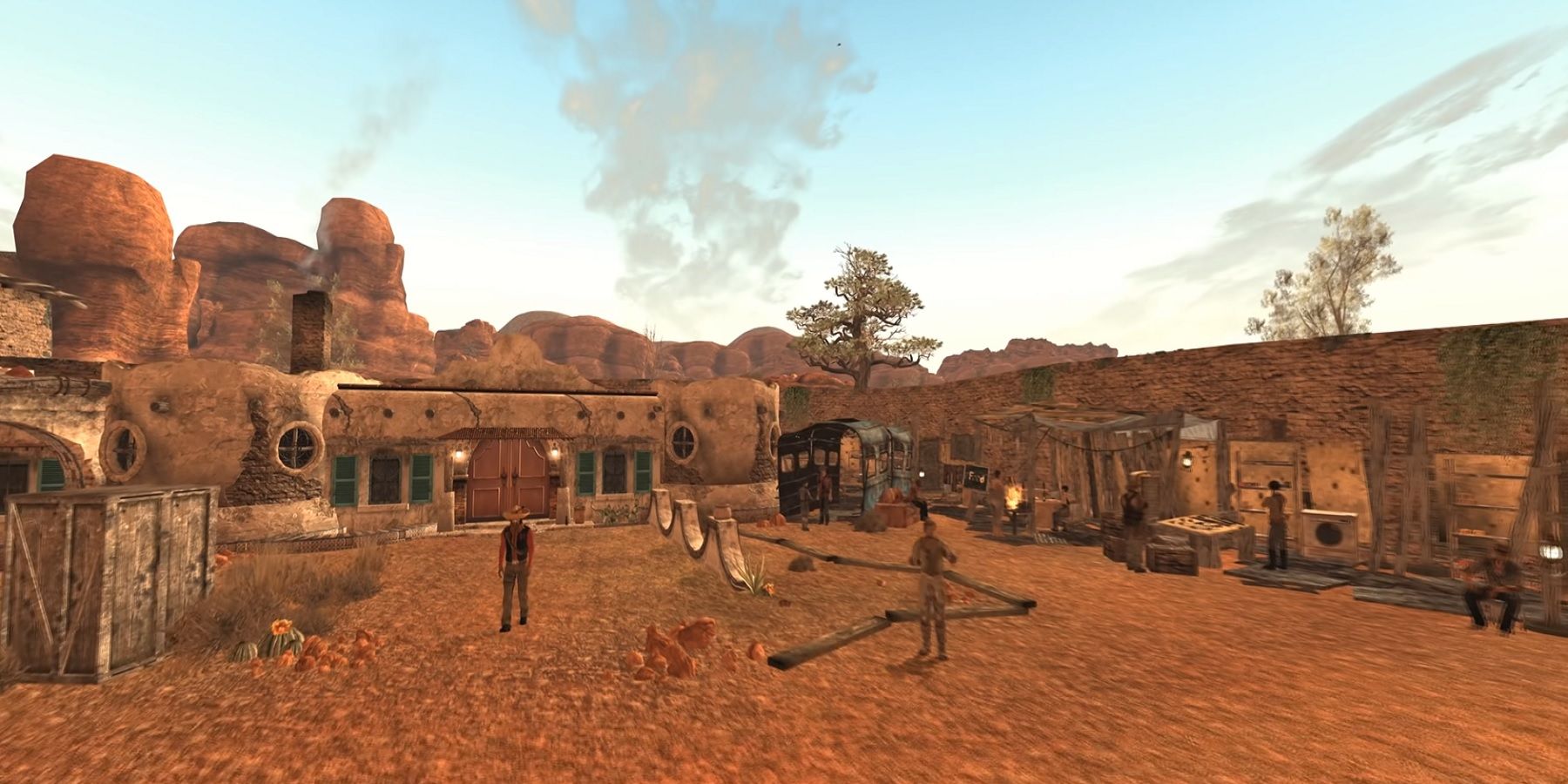 Screenshot from the Fallout: Nuevo Mexico mod that shows a small town in the desert.