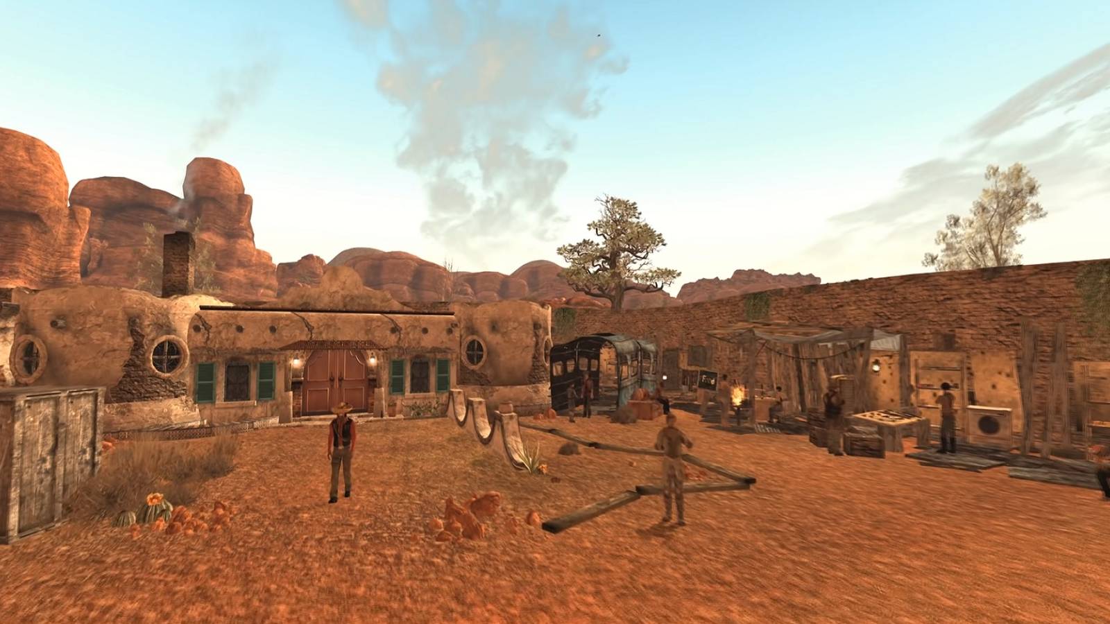 Screenshot from the Fallout: Nuevo Mexico mod that shows a small town in the desert.