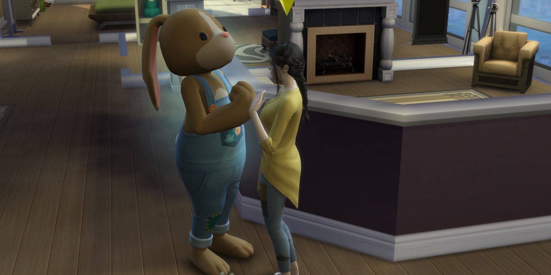 female sim holding hands with the flower bunny in the sims 4