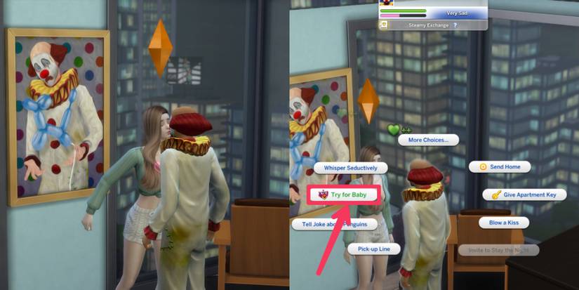 female sim kissing and woohooing with tragic clown in the sims 4