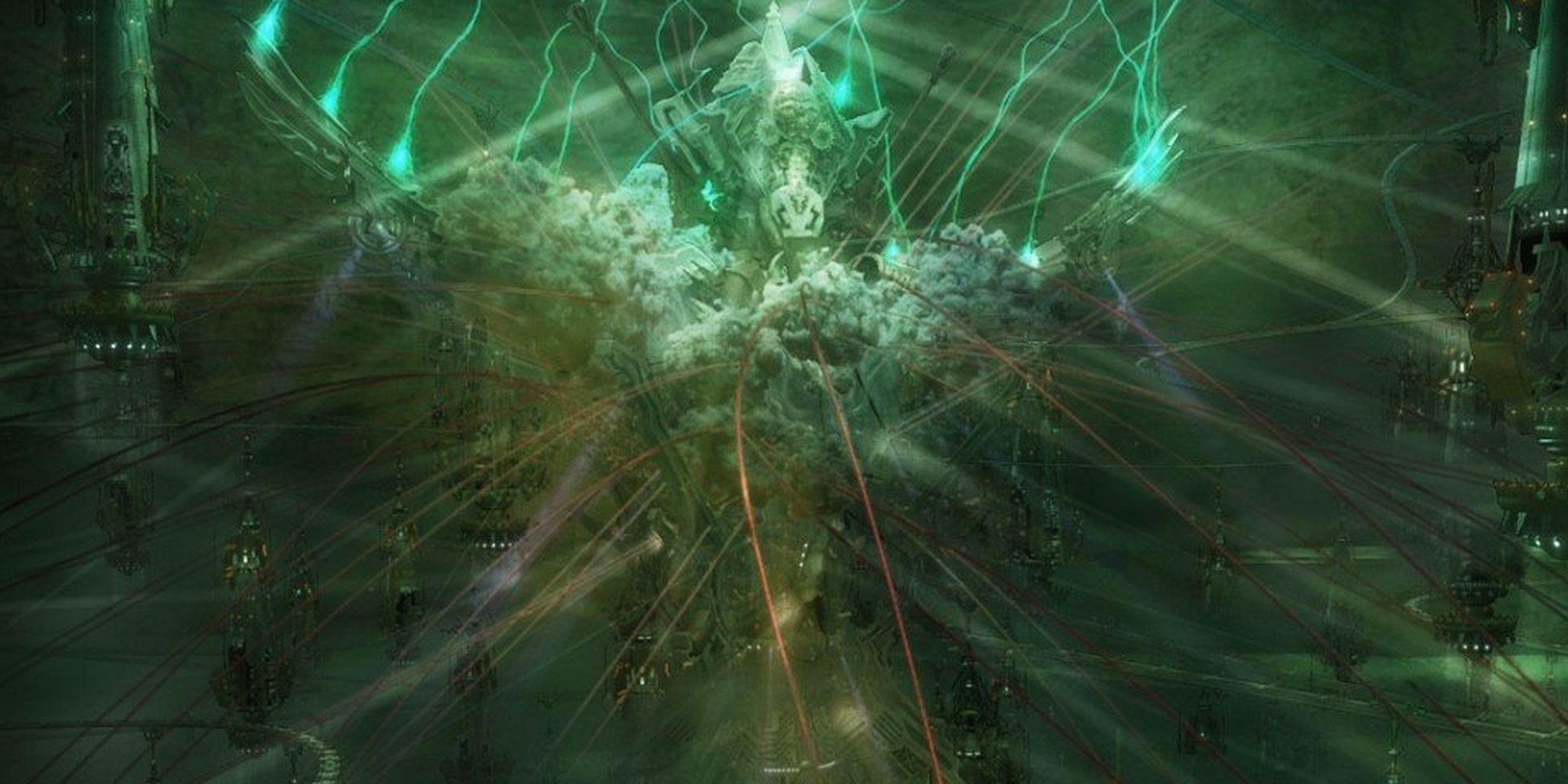 Интерьер Cocoon из Final Fantasy 13. Воздух зеленый, тут и там тянутся рельсы, а в центре возвышается механический шпиль.