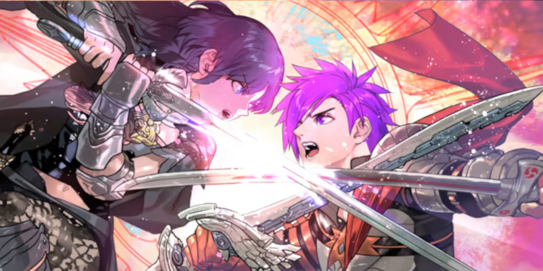 Byleth and a new character from Fire Emblem Warriors: Three Hopes clash swords together.