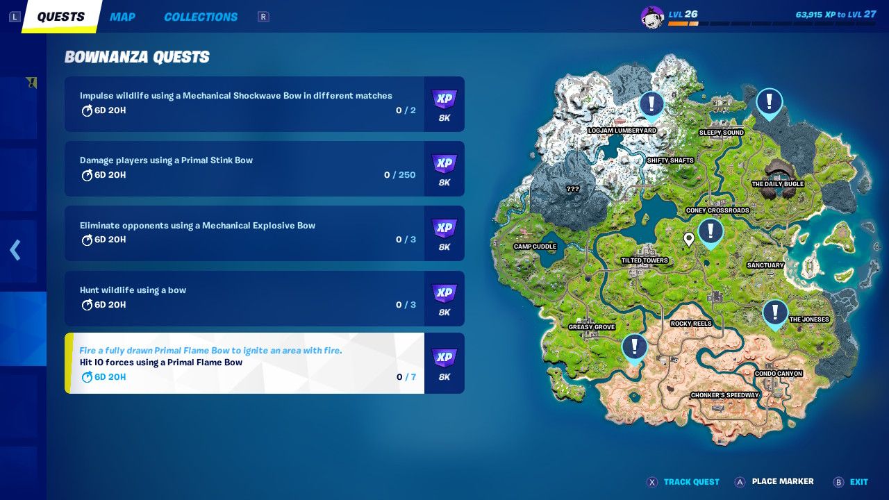 fortnite chapter 3 season 1 bownanza quests map complete challenges