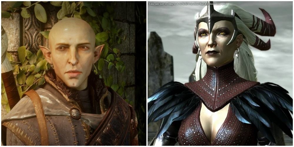 Split image of Solas and Flemeth.