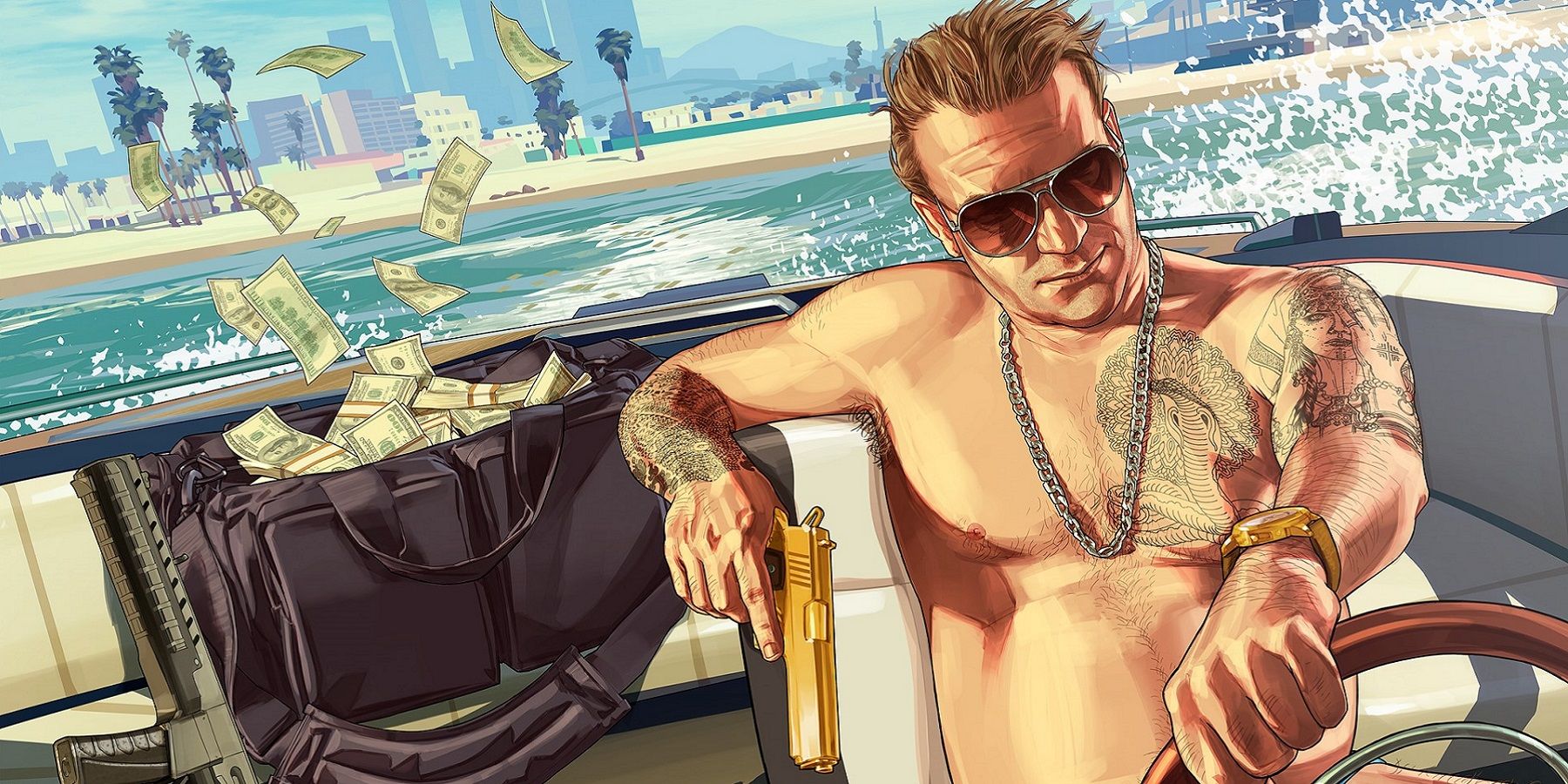 A potential Grand Theft Auto image which shows a shirtless guy getting away in a speedboat.