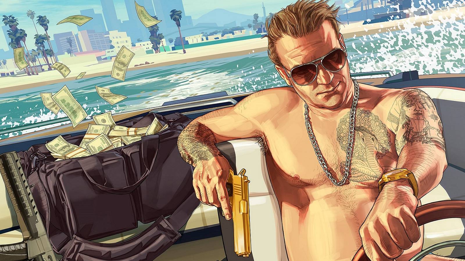A potential Grand Theft Auto image which shows a shirtless guy getting away in a speedboat.