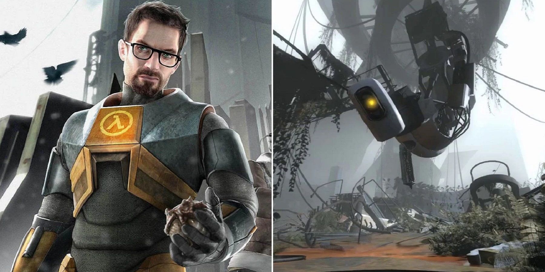 Split image showing Gordon Freeman from Half-Life 2 on the left, and GLaDOS from Portal 2 on the right.