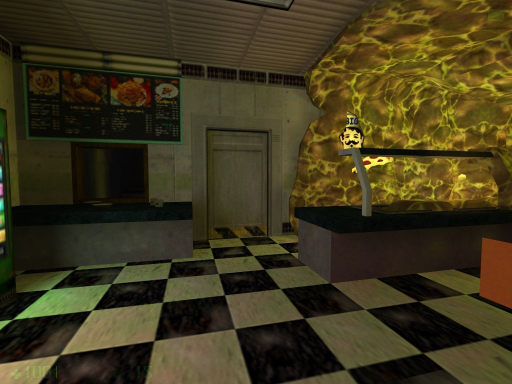 Screenshot from Half-Life mod "Field Intensity" showing a cafeteria with one corner covered in alien goop.