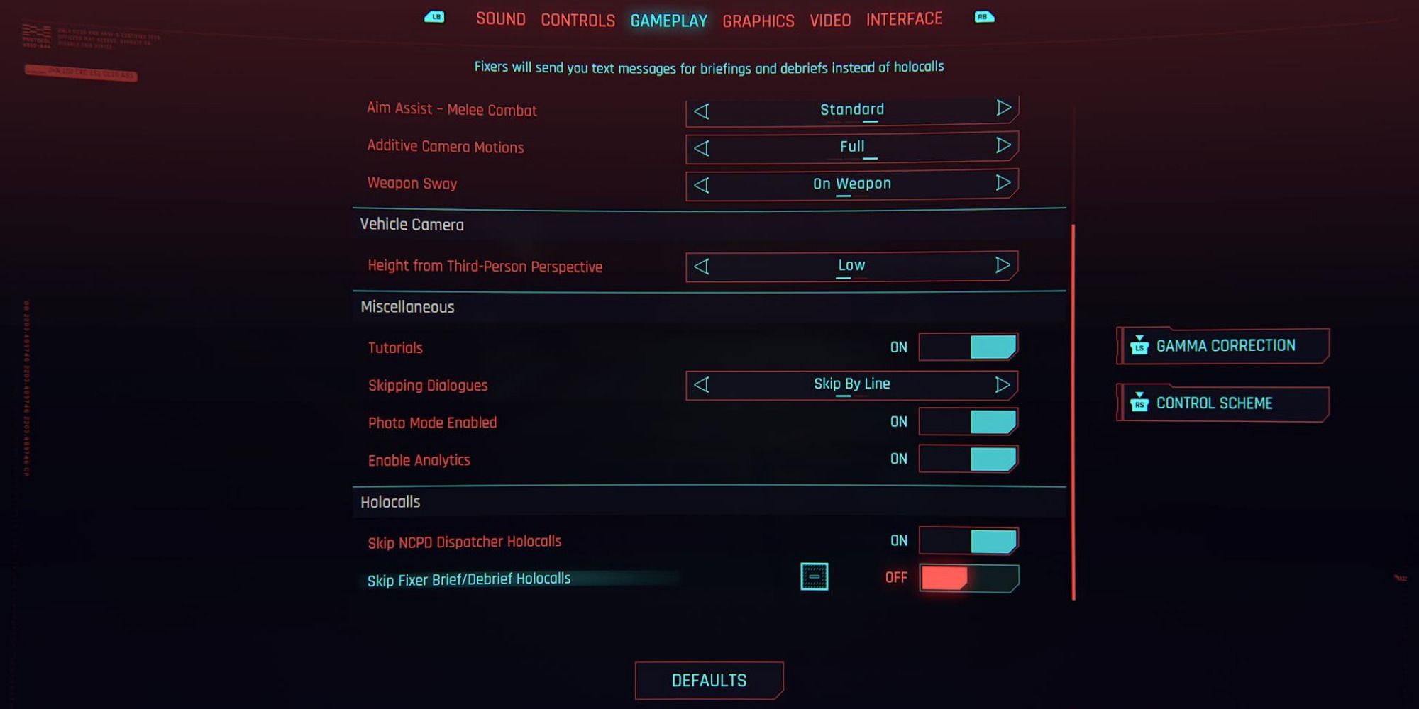 changing setting in cyberpunk