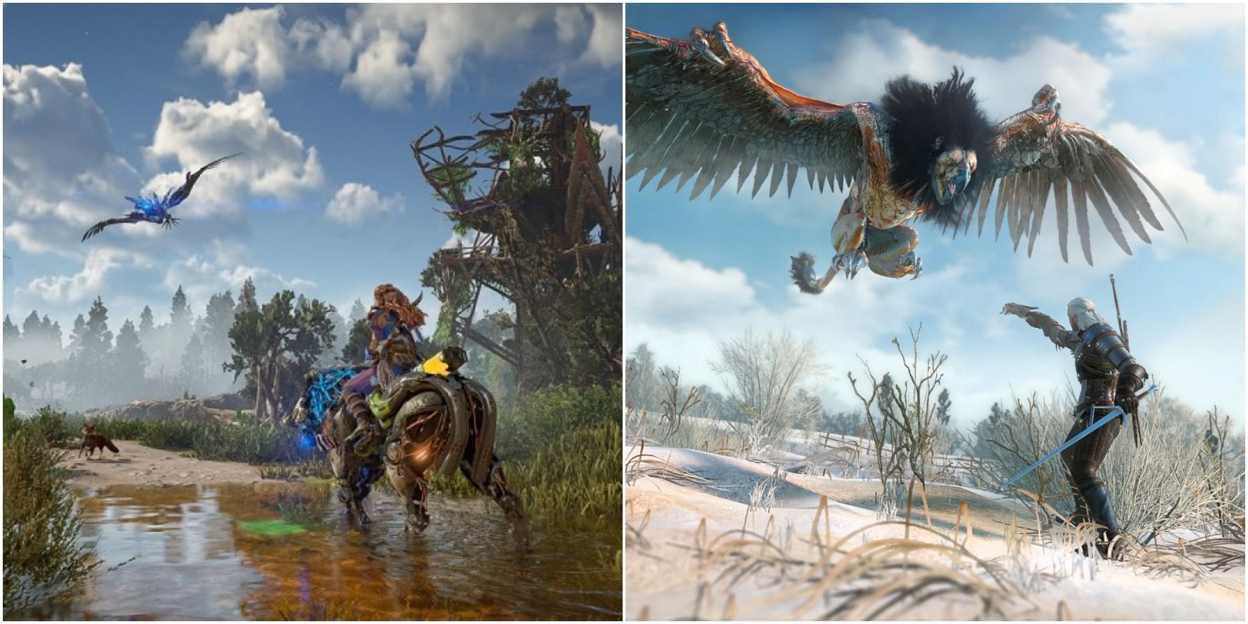 (Left) Aloy riding acorss shallow water (Right) Geralt fighting a Griffin