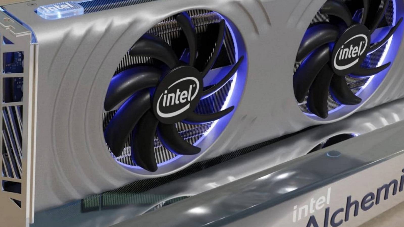 Rendered image of a silver Intel Arc Alchemist graphics card.