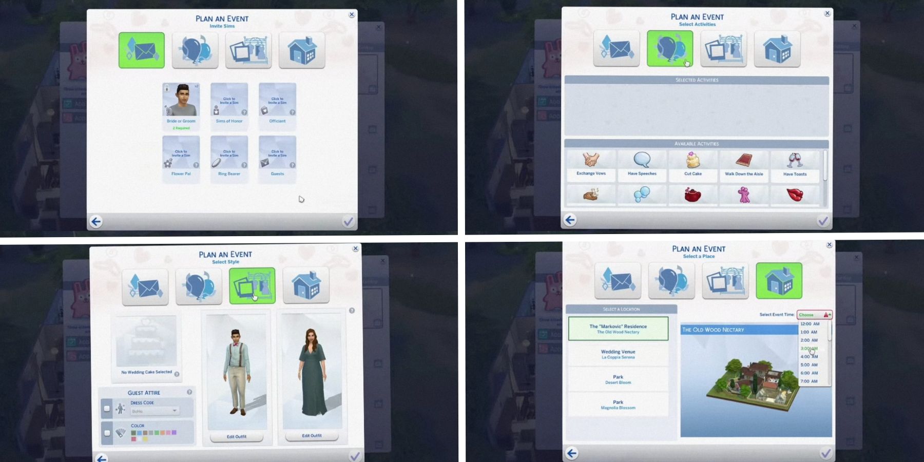 inviting guests and choosing location for a wedding in the sims 4