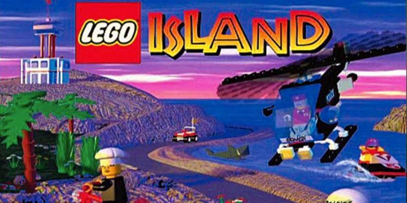 Various Lego minifigures and vehicles against a backdrop of an ocean, trees, and a building