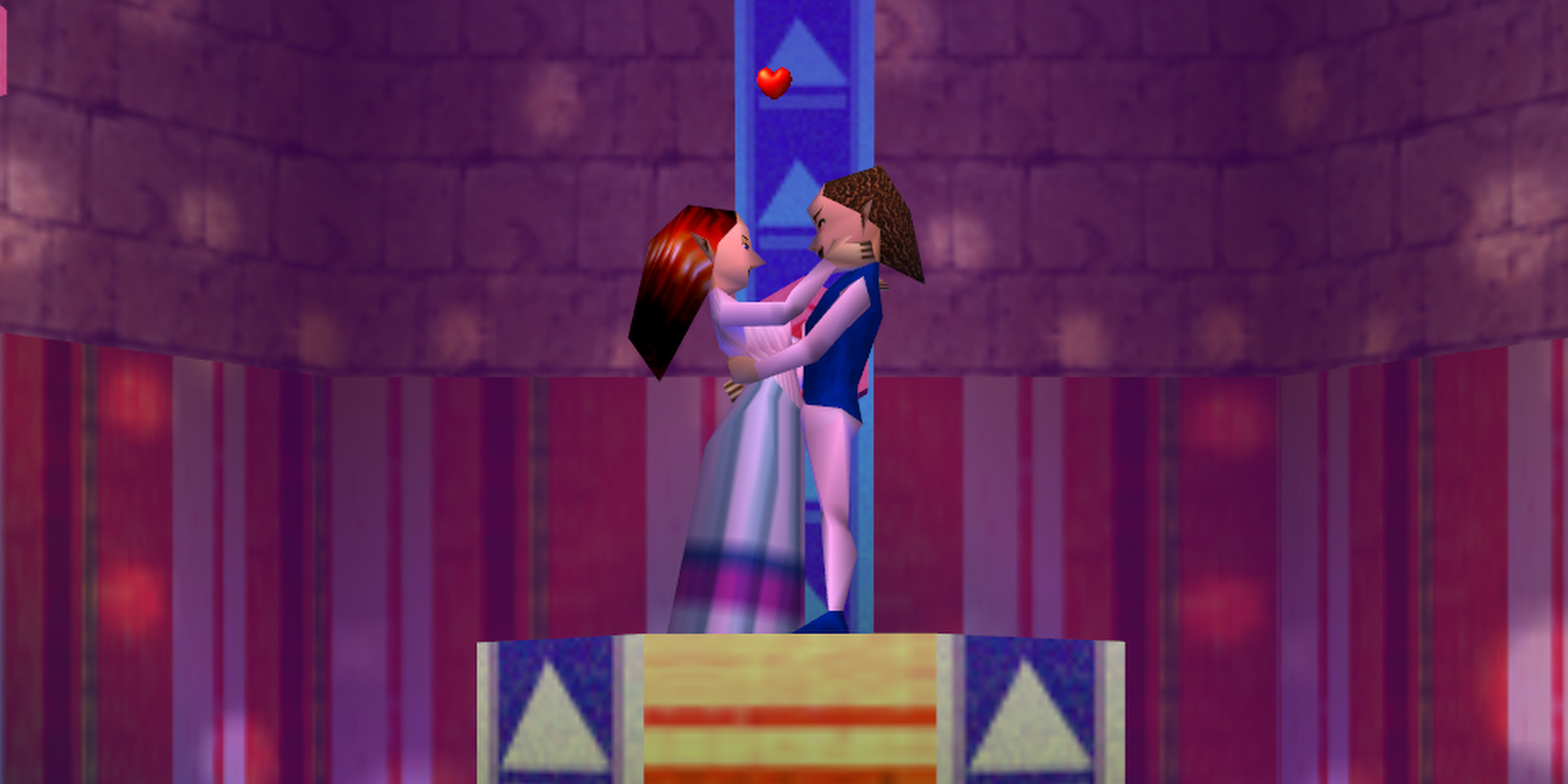The Honey and Darling minigame from Majora's Mask. The couple stands in the middle of a very pink building.