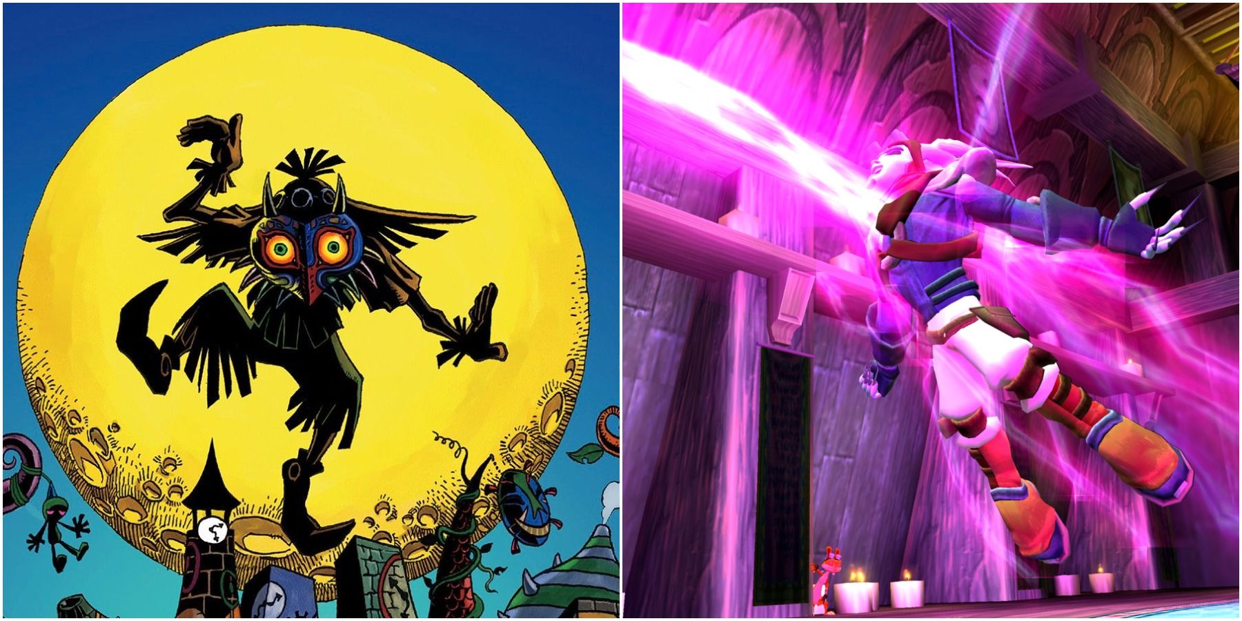 (Left) Skull kid in front of the moon (Right) Jak being zapped