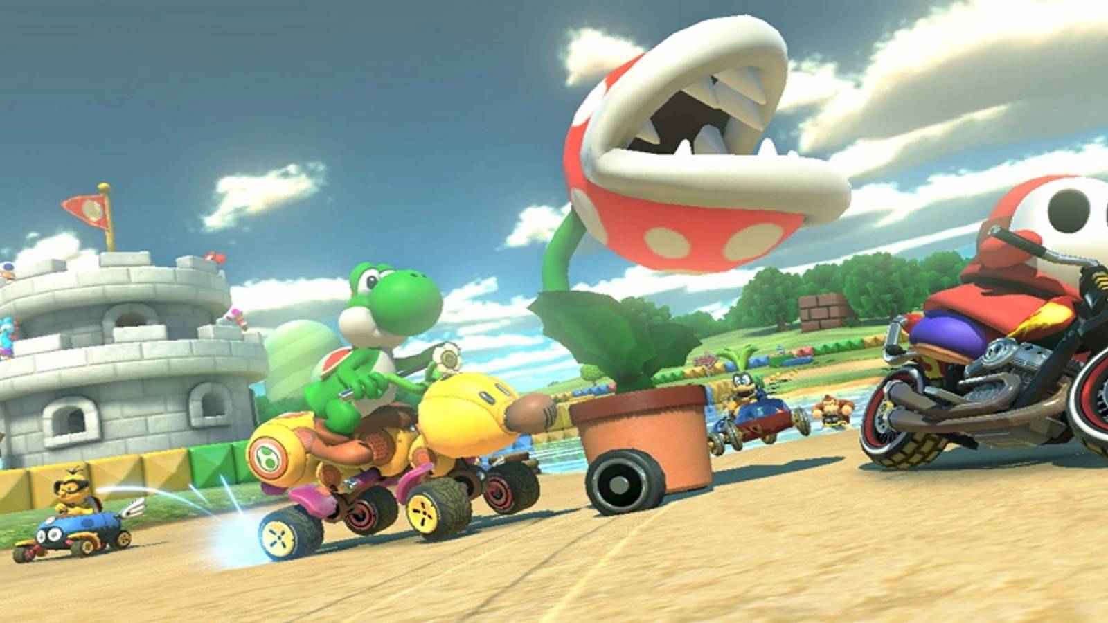 mario kart 8 deluxe race with yoshi and shy guy