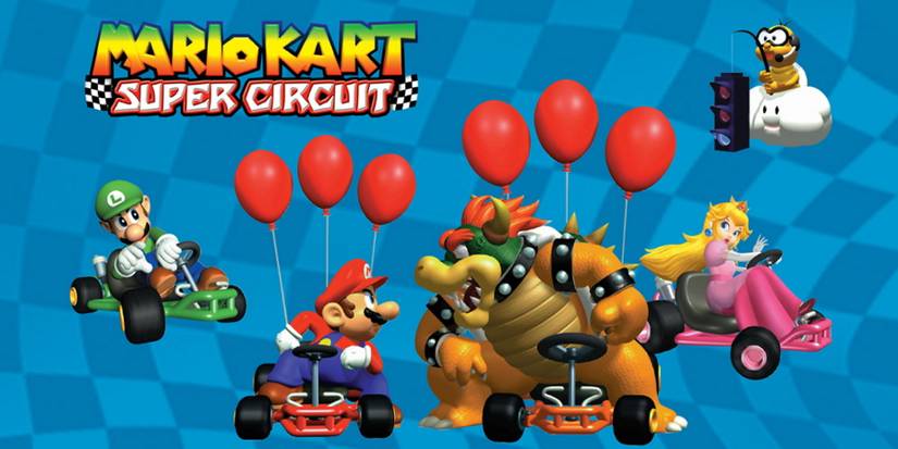 mario kart super circuit wallpaper with mario luigi peach lakitu and bowser