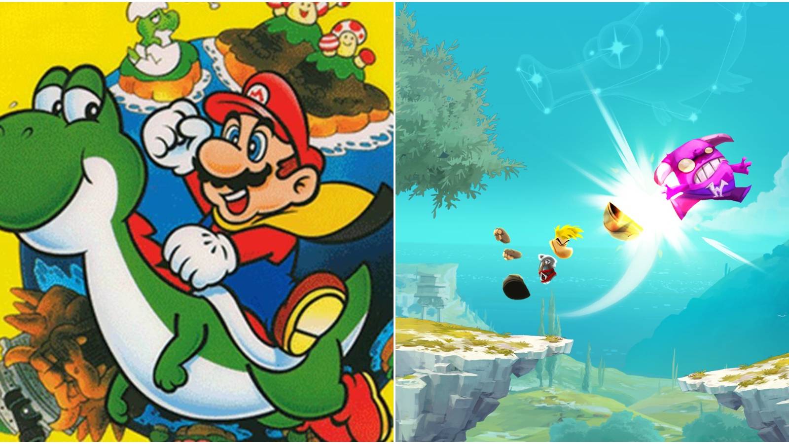 (Left) Mario on Yoshi (Right) Rayman kicking an enemy