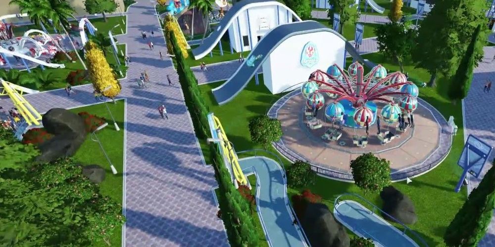 The Aeronauts Gentle Ride at a Player-made Theme Park from Planet Coaster: Console Edition.