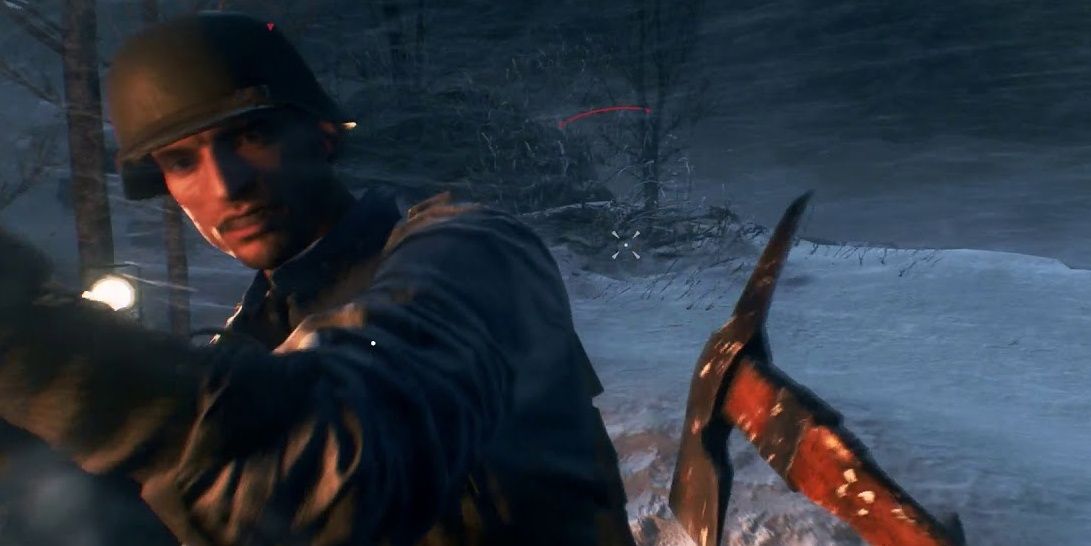 Player Attacking an Enemy Soldier with a Pickaxe in Battlefield 5.