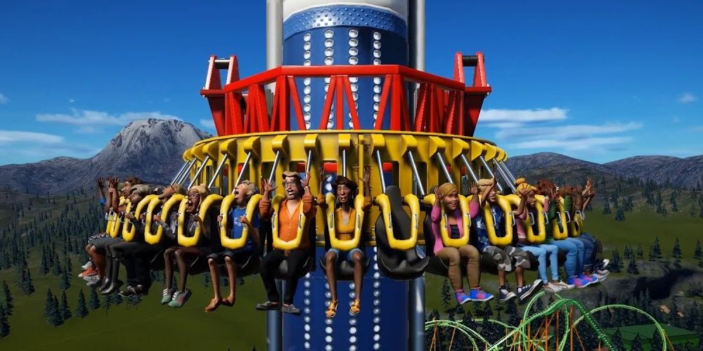 Guests Riding The Screaminator Thrill Ride in Planet Coaster: Console Edition.