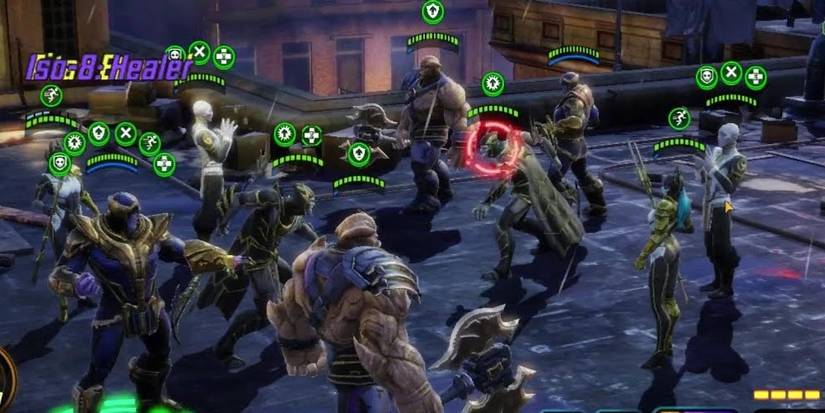 Gameplay footage of the Black Order (Thanos, Corvus Glaive, Cull Obsidian, Ebony Maw, and Proxima Midnight) in Marvel Strike Force. 