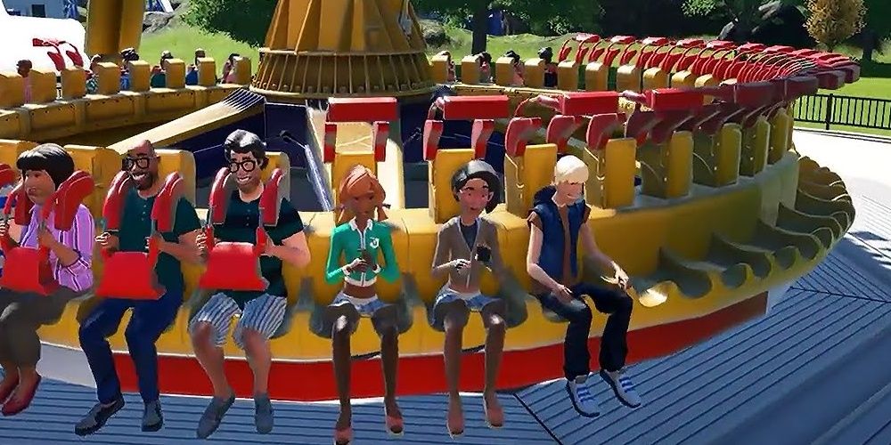 Guests Riding the Sundial Thrill Ride in Planet Coaster: Console Edition.