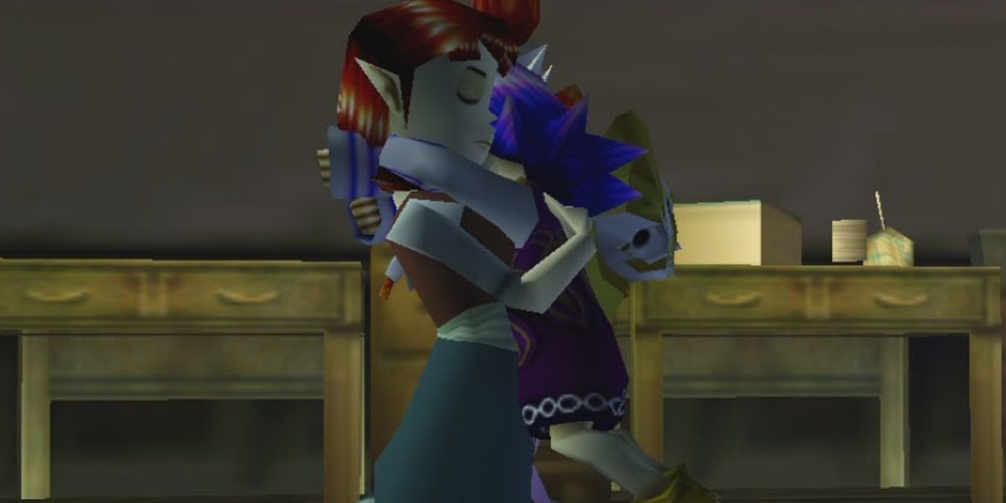 The end of the Kafei and Anju questline from Majora's Mask. The two characters embrace in the inn.