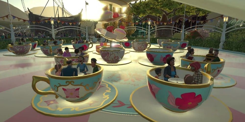 Guests Riding the Gentle Ride Teacups from Planet Coaster: Console Edition.