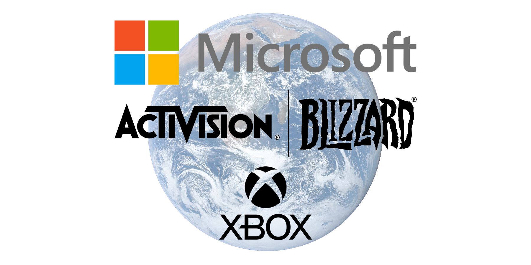 The Microsoft, Activision Blizzard, and Xbox text logos in front of the planet Earth.