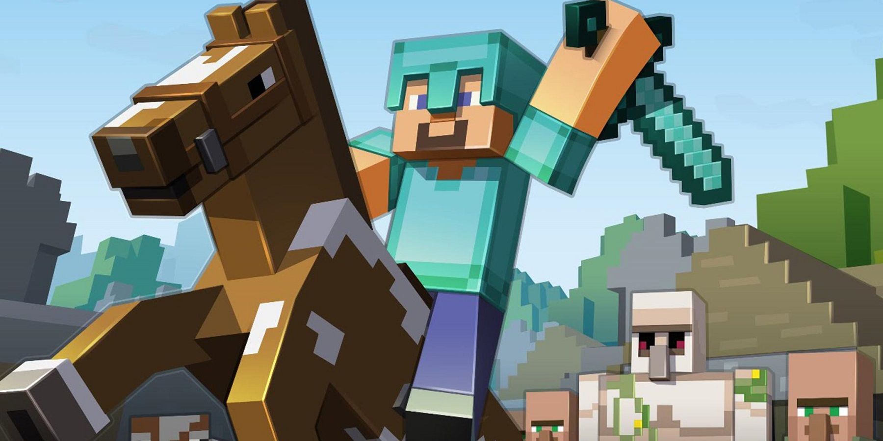 Image from Minecraft showing Steve holding a sword as he rides on a horse.