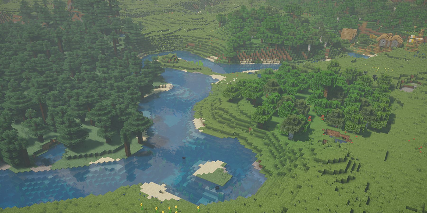 Screenshot from Minecraft showing the world from up above.