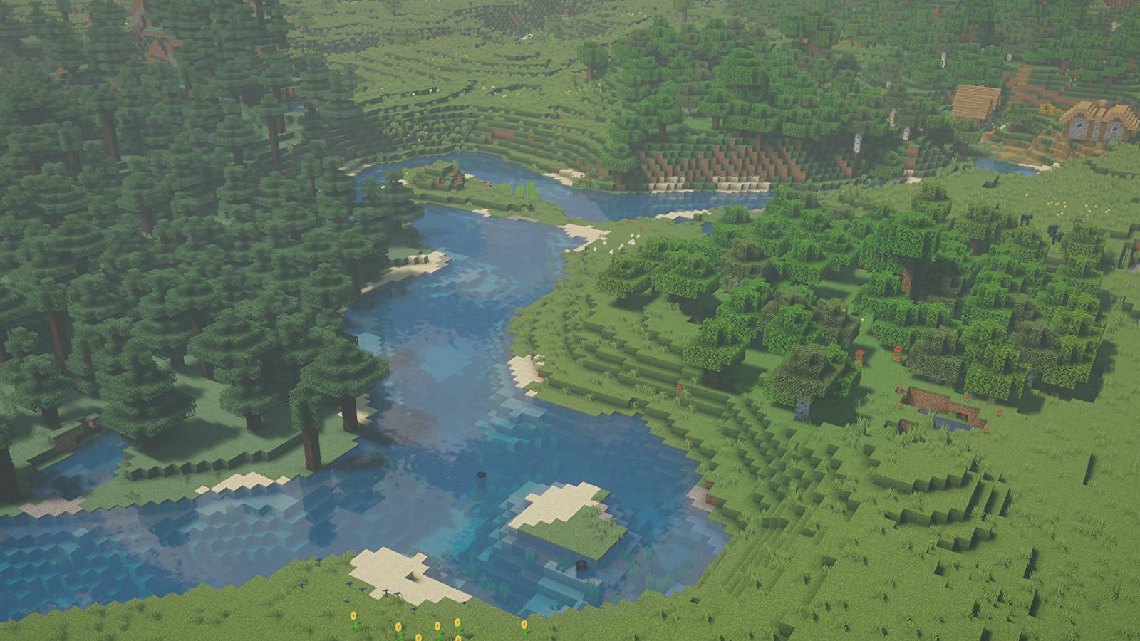 Screenshot from Minecraft showing the world from up above.