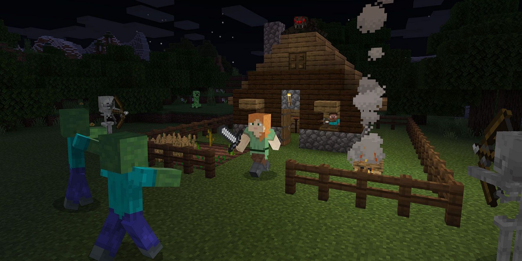 Screenshot from Minecraft showing a nighttime scene in which the player is being set upon by zombies.