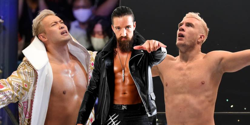 split image of Kazuchika Okada, Jay White, and Will Ospreay