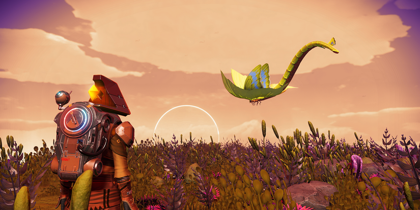 Screenshot from No Man's Sky showing the Traveller on a planet with a flying dragon-like creature hovering above the ground.