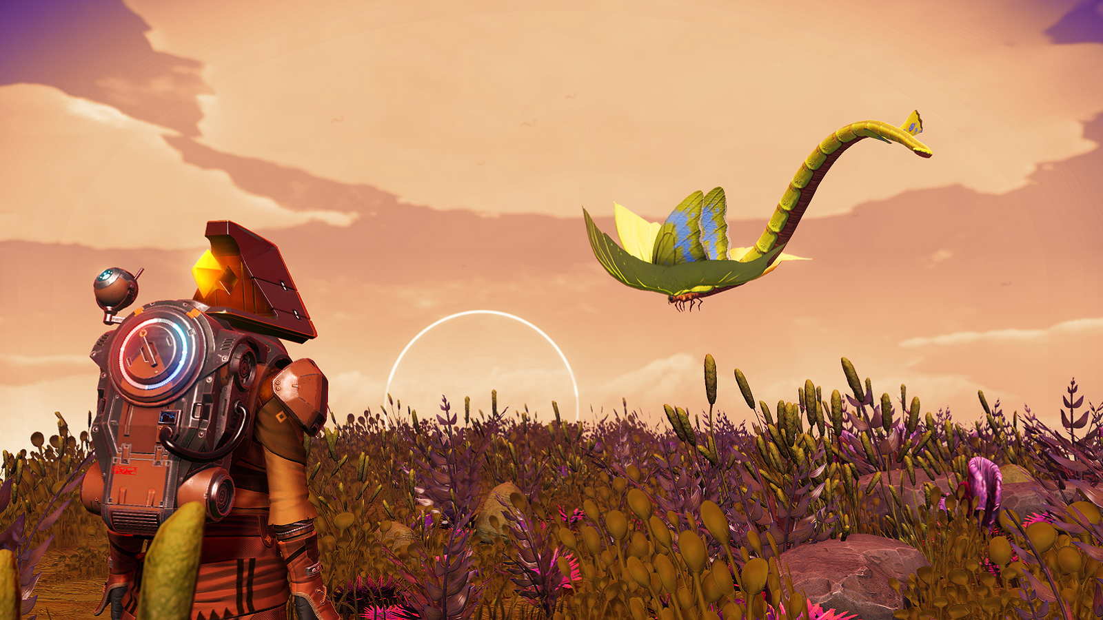 Screenshot from No Man's Sky showing the Traveller on a planet with a flying dragon-like creature hovering above the ground.