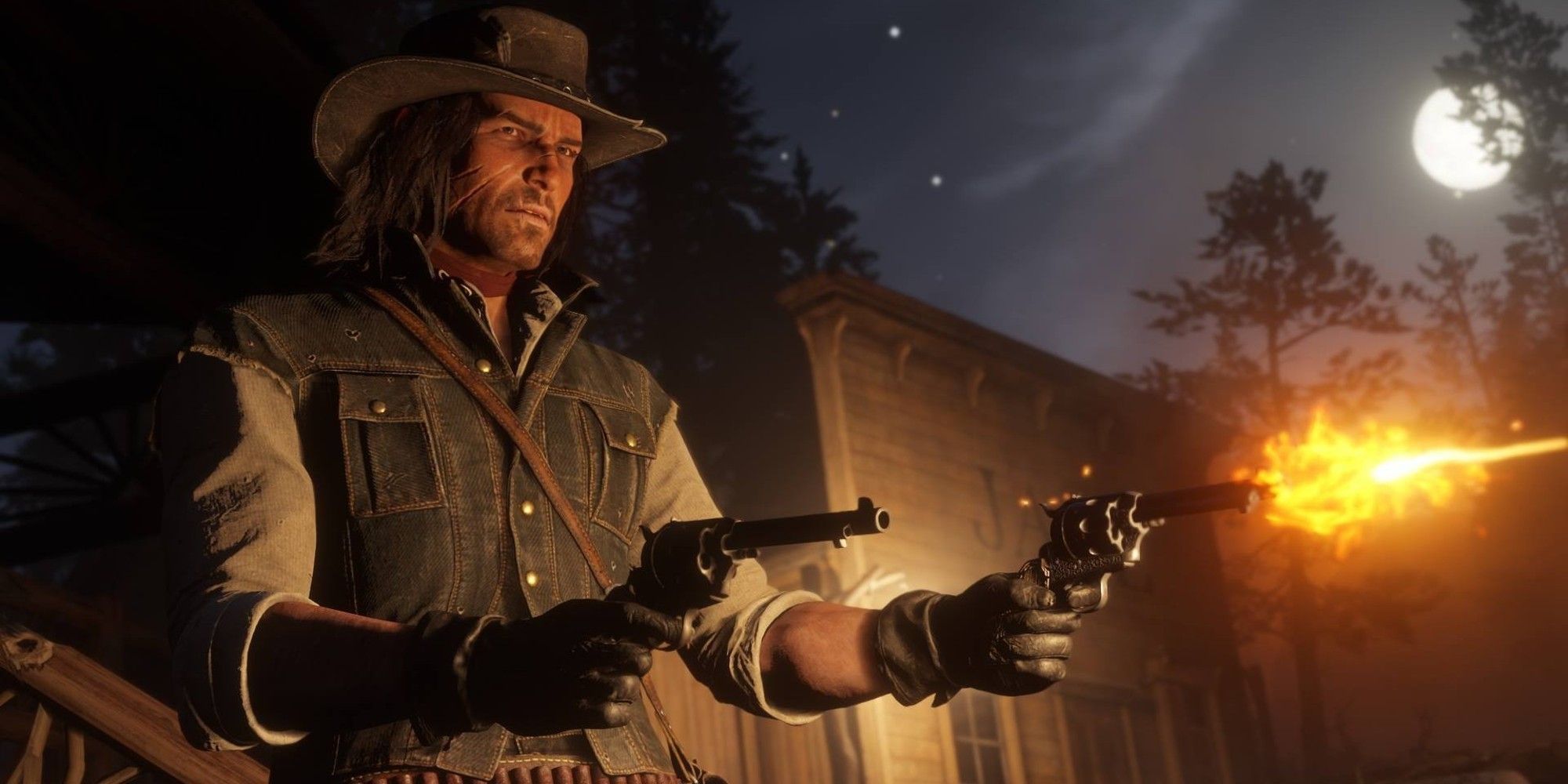 Red Dead Redemption 2 John Marston shooting gun with full moon in background