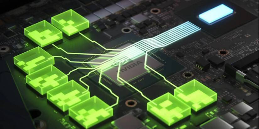 Rendered image showing a motherboard with green "nodes" around an Nvidia chip.